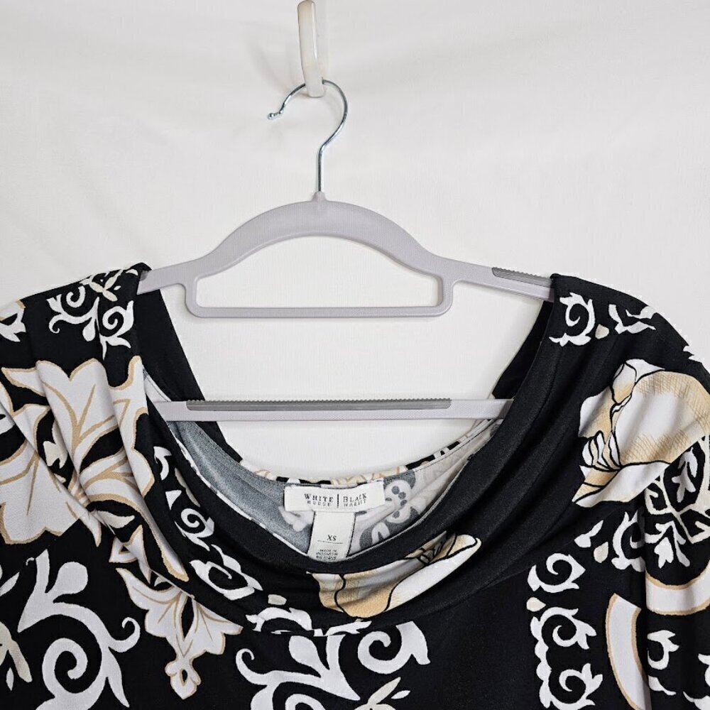 WHITE HOUSE BLACK MARKET Dress size XS BLACK TAN WHITE FLORAL Art to Wear Retro - Picture 4 of 7